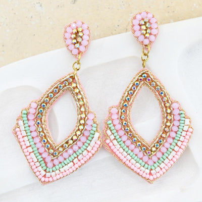 Anna Nova Pink Beaded Earrings featuring pastel pink, mint, and white beads with gold accents – Binny Bowe Boutique
