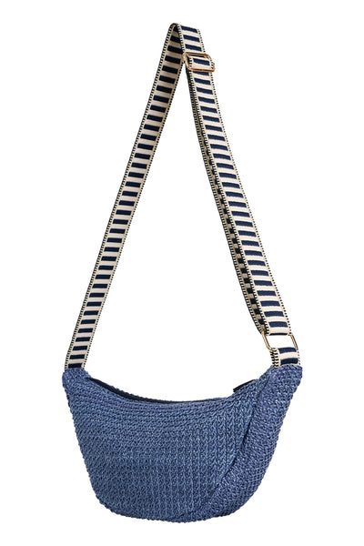 Artemis Slouch Bag in indigo with textured woven design and adjustable striped shoulder strap, crossbody casual women’s bag