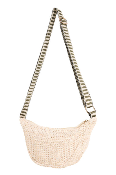 Artemis Slouch Bag in natural beige with woven textured design and adjustable striped shoulder strap, lightweight crossbody women’s bag