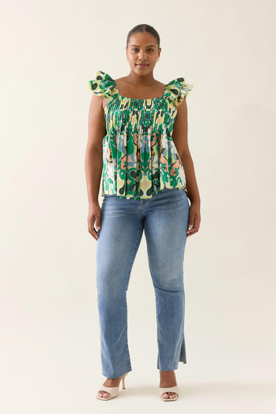 Front view – Model wearing Isle of Mine Aurora Frill Tank Paisley, square neckline with frill sleeves and pleated front.