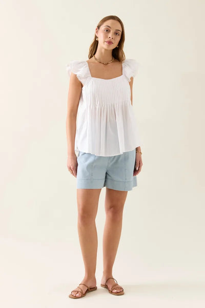 Aurora Frill Tank in white cotton voile by Isle of Mine – front view with frill sleeves and pintuck detailing.