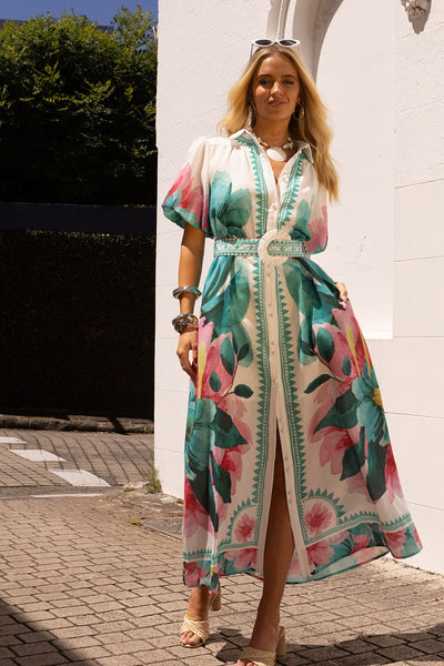 Ave The Label Kirri Maxi Dress in Kirri Print – front view with floral pink green watercolour pattern