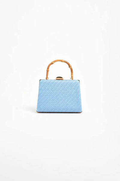 Bamboo Handle Weave Small Bag in blue with structured woven exterior and natural bamboo handle — Adorne