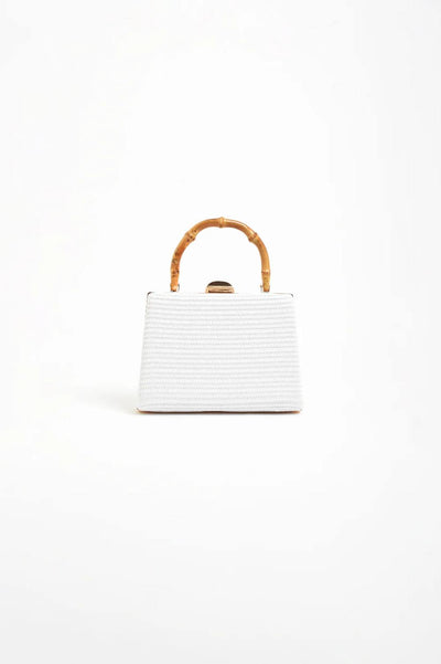 Bamboo Handle Weave Small Bag in white with structured woven design and bamboo top handle — Adorne