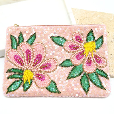 Front view of Anna Nova Mini Beaded Clutch Pink Flowers with sequins and floral beadwork