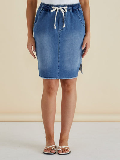 Betty Basics Augie Denim Skirt Denim Blue front view – elastic waistband and drawstring detail