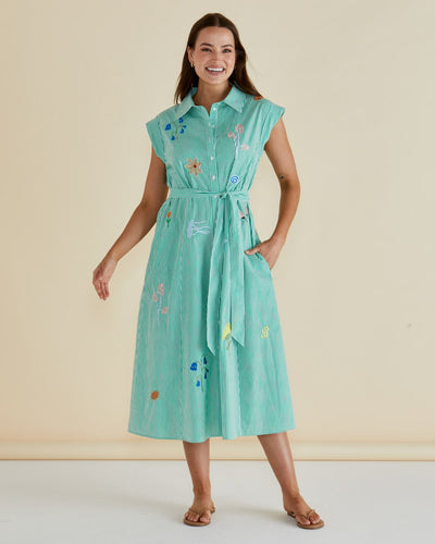 Betty Basics Gloria Floral Dress Green Stripe – embroidered cotton midi dress with waist tie