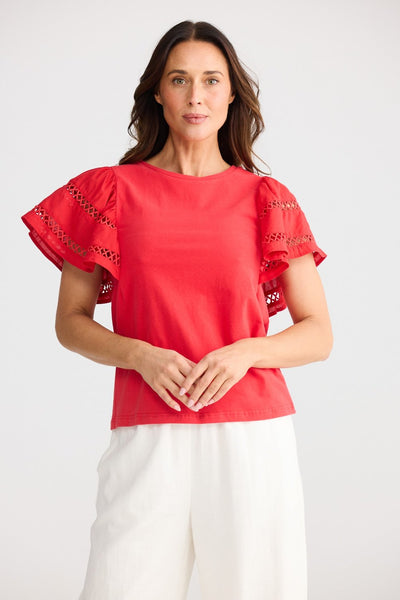 Brave+True Chloe Tee Chilli showing detailed flutter sleeves with lace trim – Binny Bowe Boutique