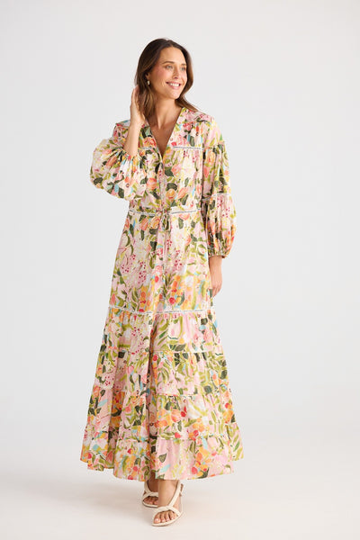 Front view Brave + True Gertie Dress Zoe’s Garden – floral maxi dress with waist tie and tiered skirt