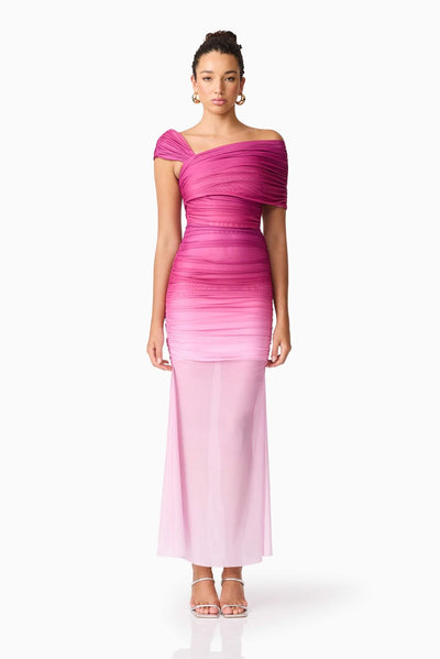 Brigitta Maxi Dress Orchid Ombre by Elliatt – pink ombre ruched gown, formal occasion wear