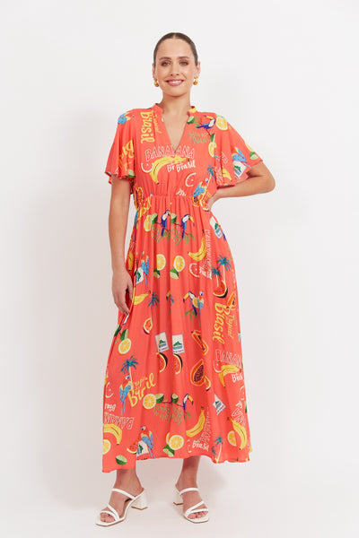 Haven Cabana V Neck Maxi Dress Brasil Coral – full-length front view with tropical print.