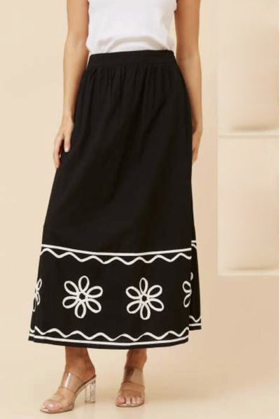 Caroline Morgan Black Maxi Skirt featuring cornelli stitch border, pockets and back zipper – 100% cotton event skirt from Binny Bowe Boutique.