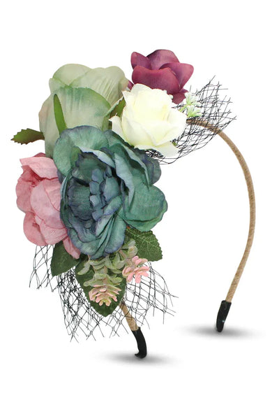 Claudia Headpiece Blue by Morgan & Taylor – floral fascinator with netting