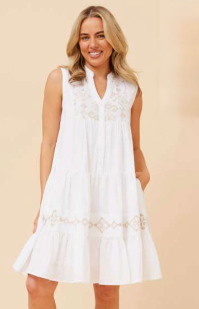 Claudia White Embroidered Dress sleeveless cotton style with gold detailing on model