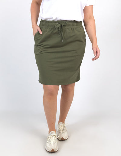 Elm Lifestyle Coby Skirt Khaki – casual cotton skirt with elastic waist and drawstring tie, available at Binny Bowe Boutique