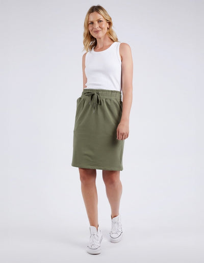 Elm Lifestyle Coby Skirt Khaki – relaxed fit French terry skirt styled with white tank and sneakers