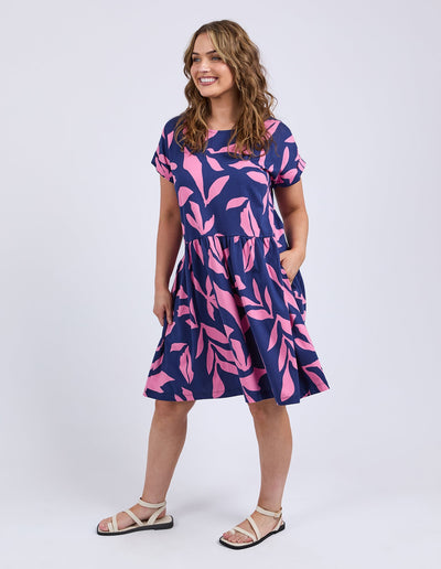 Front view of Elm Mimosa Dress Blue Pink, relaxed fit with short sleeves”