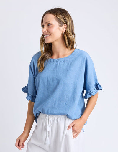 Elm Tilda Chambray Blue Top – side view with frill sleeve detail