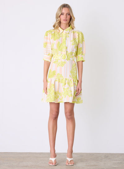 Model wearing Soleil Dress in a lime floral front view. 