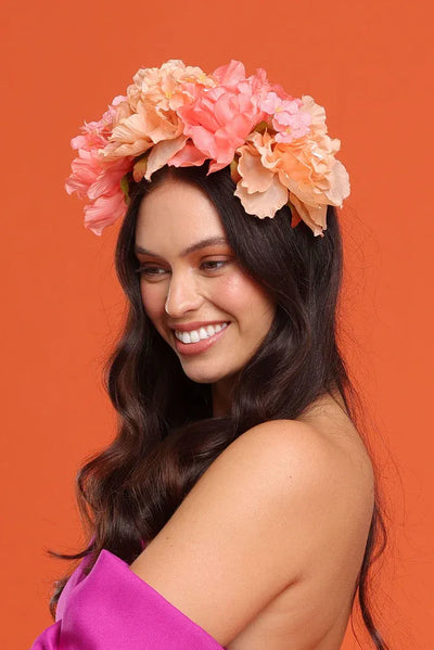 Side view Esme Headpiece Multi Orange – Morgan & Taylor floral crown