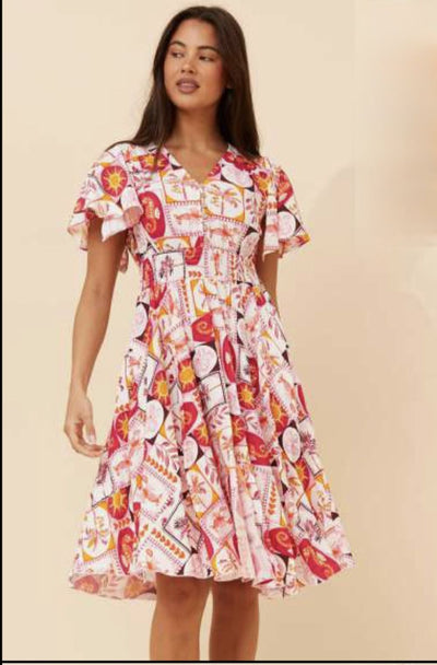 Fiesta Flutter Dress in multi pink print with flutter sleeves and elastic waist.
