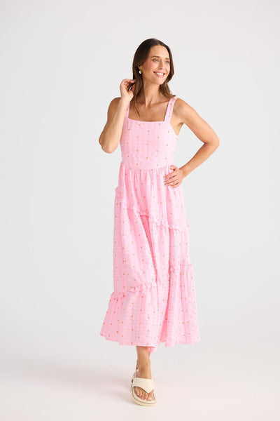 Brave+True Frangipani Dress Neon Pink Dobby – Maxi summer dress with adjustable straps and ruffle detail