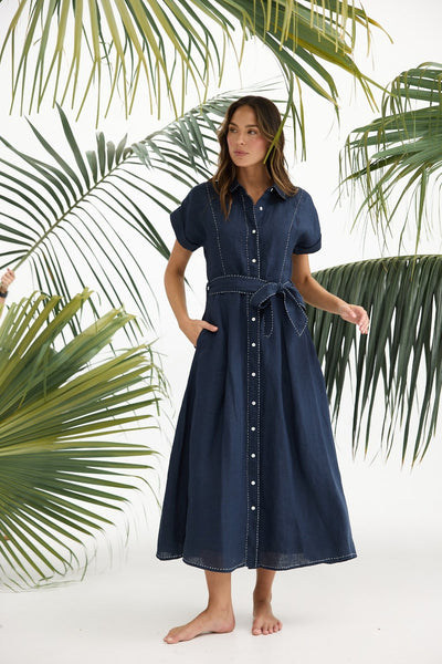 Cordelia Dress Navy by Holiday front view with button through shirt dress style