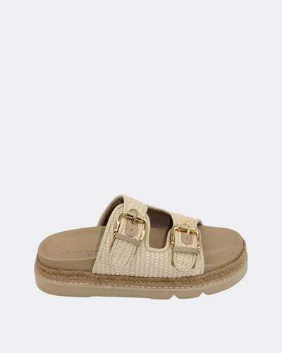 Human Shoes Maple Natural Raffia Slides side view – raffia sandals with gold buckles and rope midsole, perfect for summer wear.