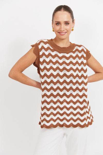 amaica Knit Top from Haven shown at an angle, sleeveless cotton knit with scallop trim