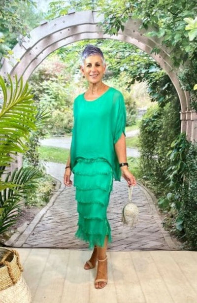 La Strada Green Layered Silk Dress – Elegant event and wedding guest outfit with layered silk skirt.