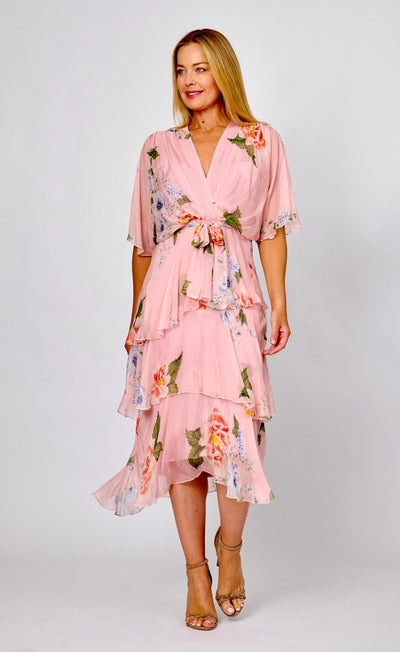 La Strada Lily Silk Blend Layered Dress Front View – Floral Event Dress for Weddings and Races