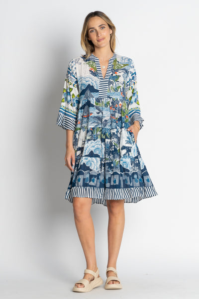 Front view of model wearing Lulalife Dita Dress Ocean with digital print and relaxed fit.