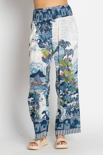 Lulalife Dita Pant Ocean – front view showing shirred waist yoke and straight leg.