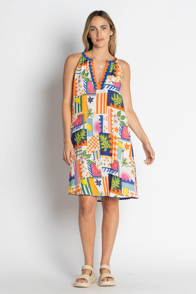 Front view of Lulalife Lyra Sundress with V neckline and vibrant print