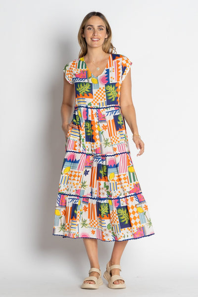 Front view of Lulalife Lyra Tier Midi Dress – colourful viscose midi with ric rac trim