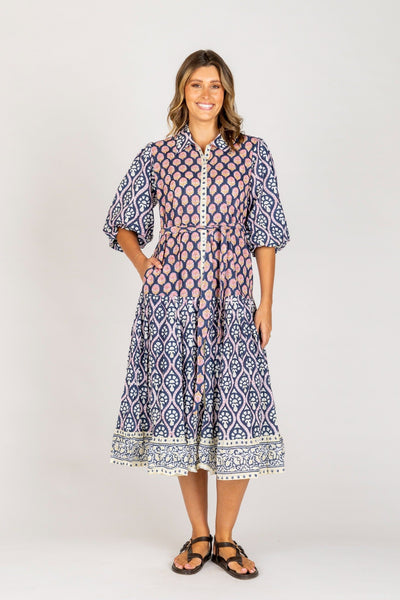 Maglia Mandy Dress – mixed print midi dress with collared neckline, puffed sleeves, waist tie, and tiered skirt