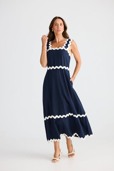 Brave+True Marlo Midi Dress Navy – Square neckline A-line midi dress with ric rac trim