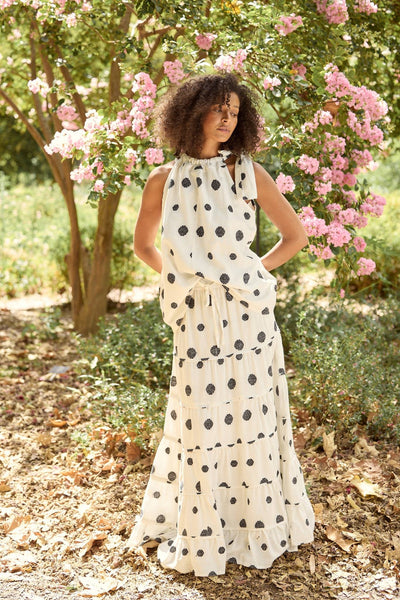 Shanty Medina Skirt Woven Spot styled with matching Lucia Top in outdoor garden campaign.