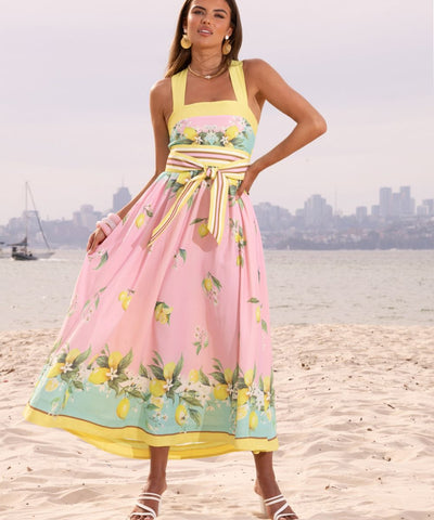 Mia Milani Lemoncello Maxi Dress – front view, lemon floral print with striped waist tie.