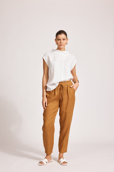 Eb&IVe Miramar Linen Pants Caramel front view – relaxed fit women’s linen pants