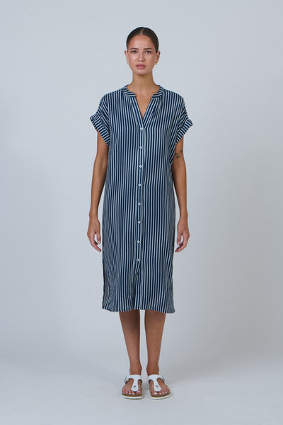 Mooring Lines Navy White Stripe Dress by Namastai – Front view