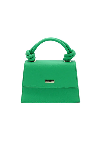 Morgan & Taylor Naomi Top Handle Bag in Emerald Green – front view with handle knot detailing