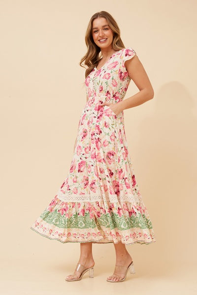Caroline Morgan Floral Maxi Dress side view showing lace detailing and soft flowy fit.