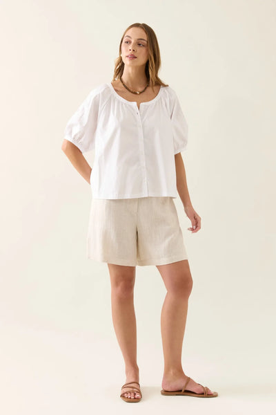Nilsa Button Top Lotus white cotton blouse with puff sleeves and embroidery – Isle of Mine