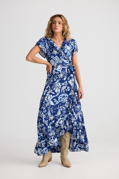 Full-length front-on view of Talisman Palm Springs Dress Celestial Bloom in floral blue print