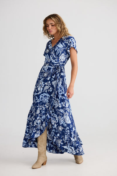 Side angle of Talisman Palm Springs Dress Celestial Bloom showing wrap and short sleeves