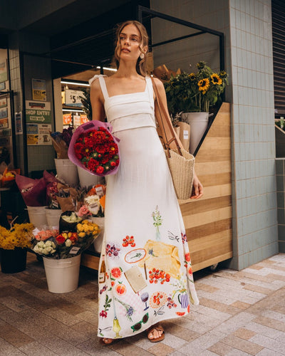 Paper Heart Primavera Maxi Dress lifestyle front view holding flowers