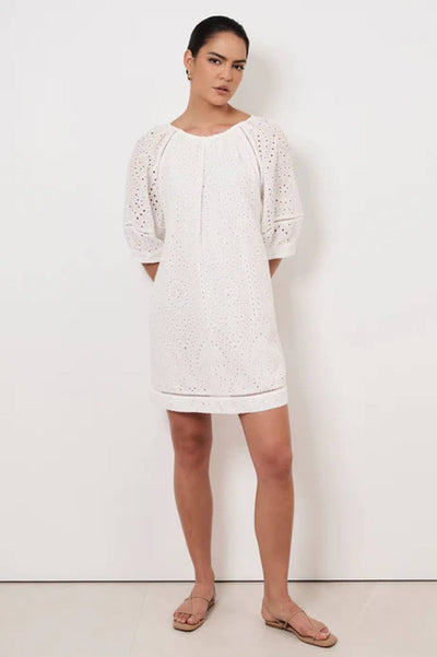 Pascoe Broderie Anglaise Dress in white with relaxed silhouette and broderie detailing — Adorne