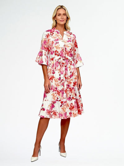 Penny Floral Linen Blend Dress by La Strada – front view with waist tie and bell sleeves