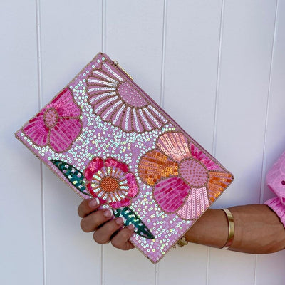 Pink Flower Beaded Clutch from Anna Nova with sequins and floral design, featuring internal pocket, magnetic clasp, and fabric back.